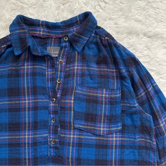 Anthropologie Top Isadora Button-Back Tunic Long Sleeve Plaid Blue M - Picture 6 of 13